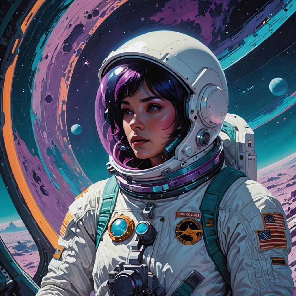 Female Cosmonaut Observes Blue Moon, Oil Painting
