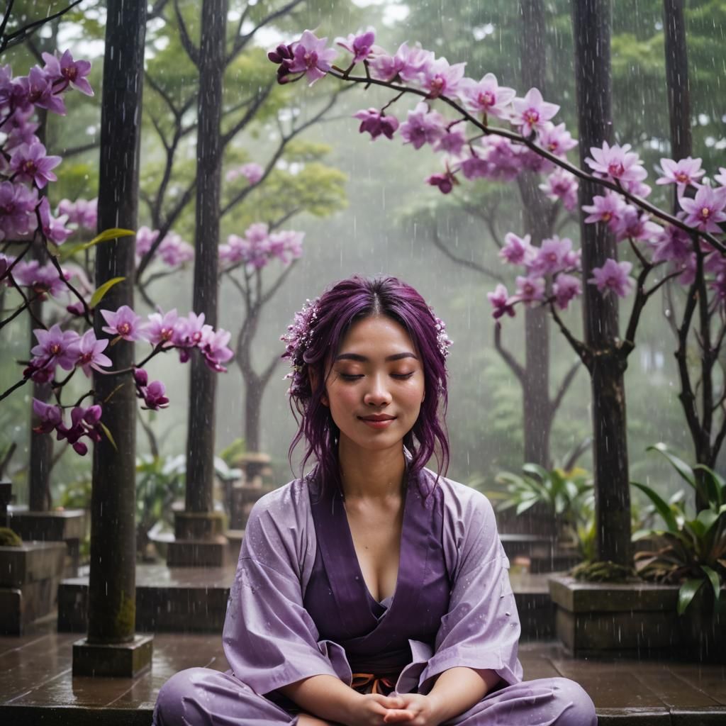 Zen Japanese Girl Meditating in Monsoon Rain