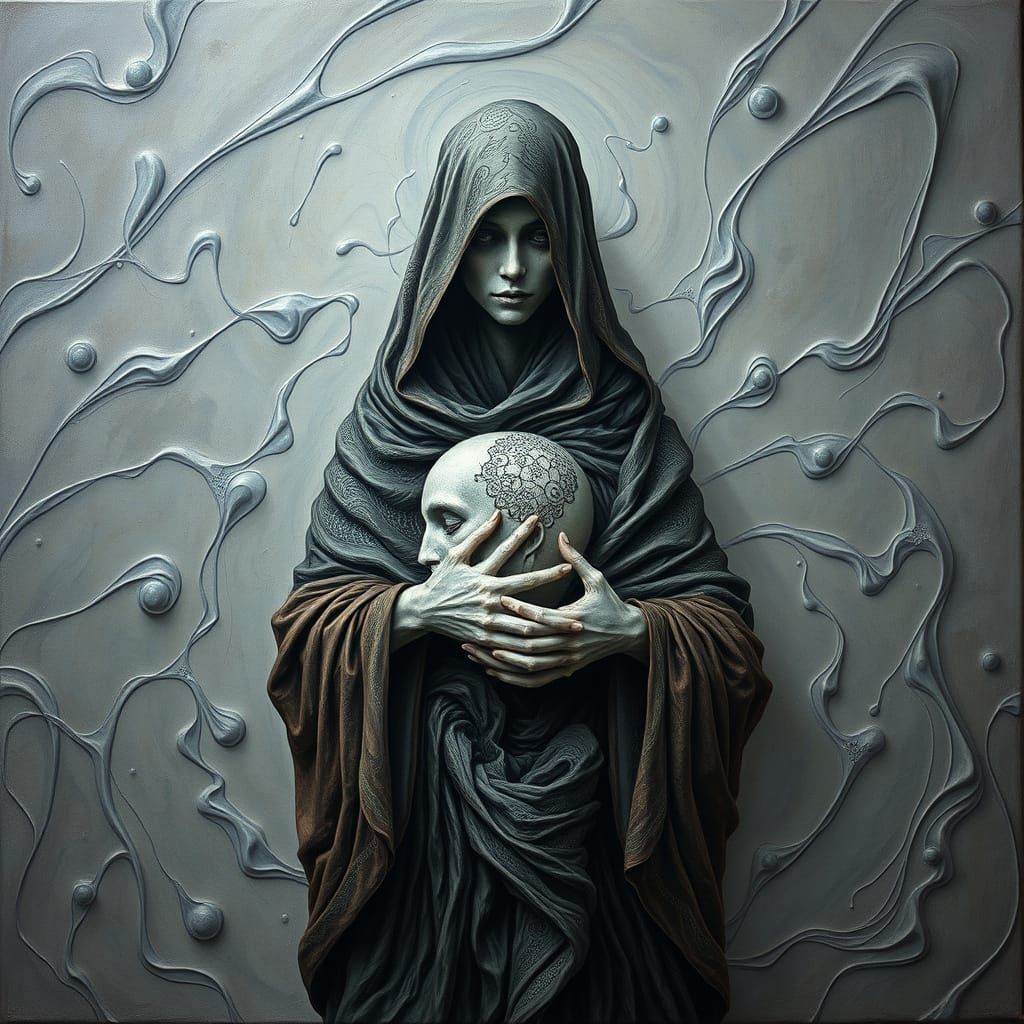 Surreal Figure Holding Severed Head with Abstract Details