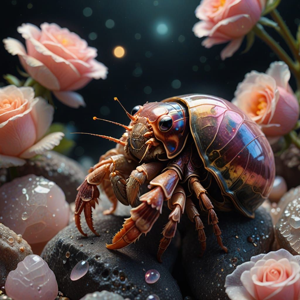 Surreal Hermit Crab in Thimble Shell, Amidst Rose Quartz and...