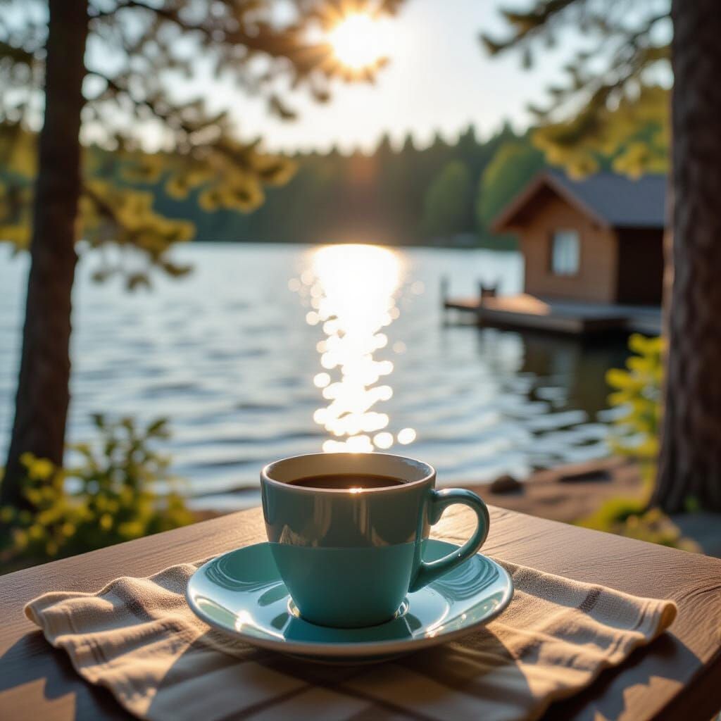 Cozy Lakeside Cabin in Sunlight, Coffee Cup
