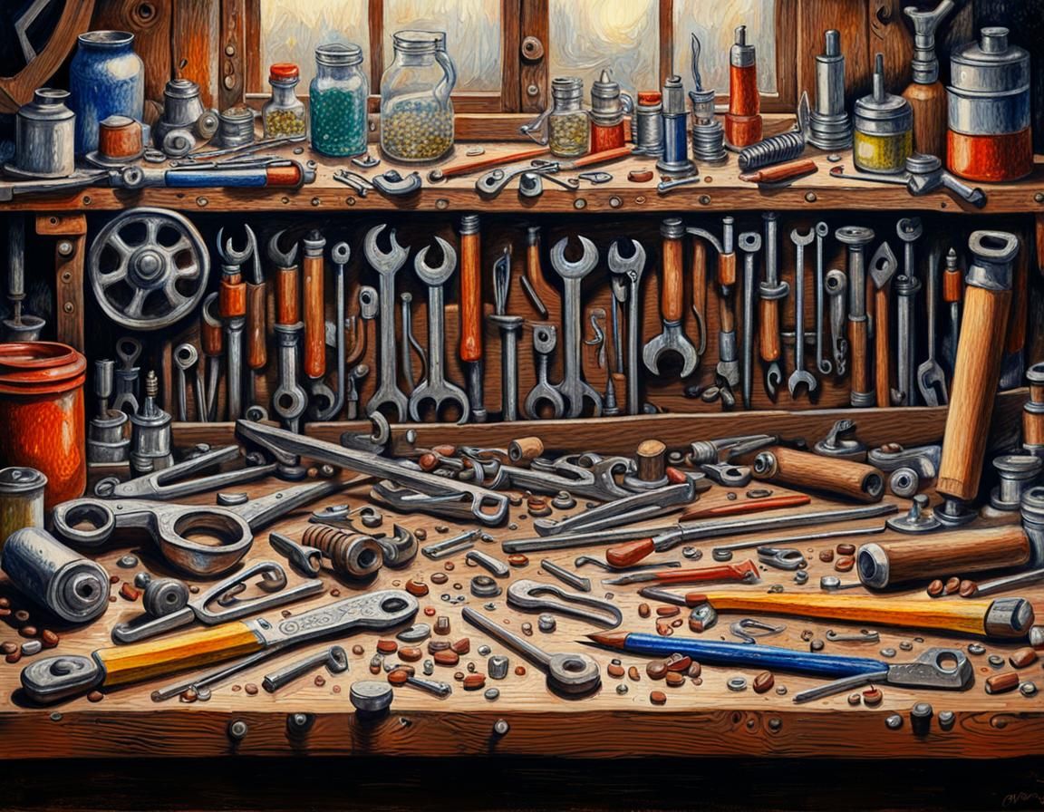 Nostalgic Workshop Still Life in Pointillism Style