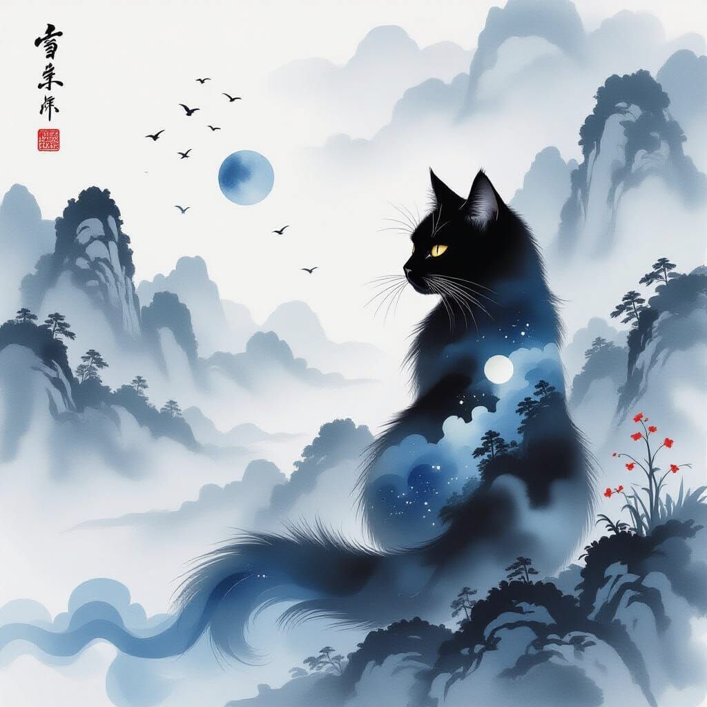 Black Cat Dissolving into Celestial Ink