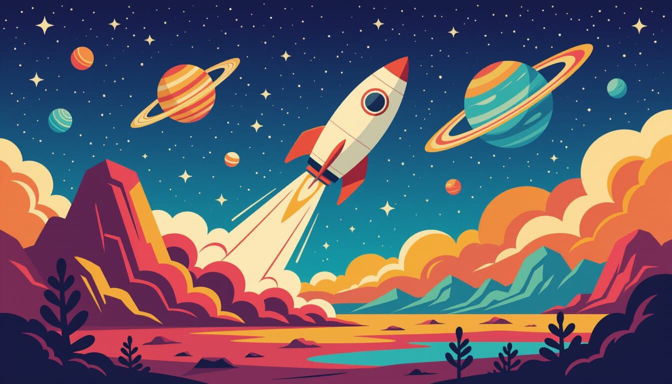 A rocket ship blasting off into a sky full of stars and planets.
The retro-style rocket landing on a colorful, unknown p...