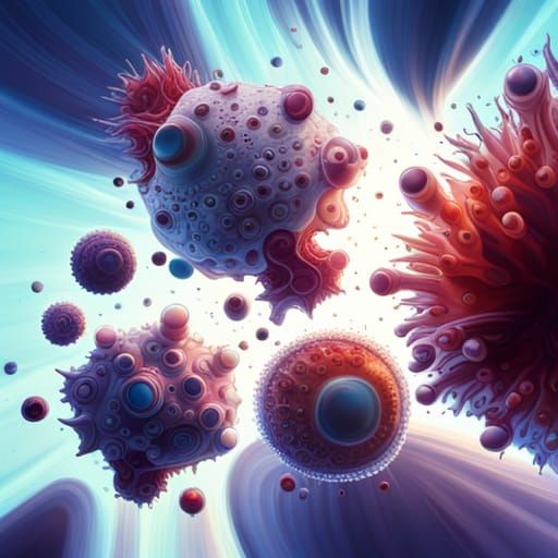 Hyperrealistic Amoeba Cells in Light Blue Liquid