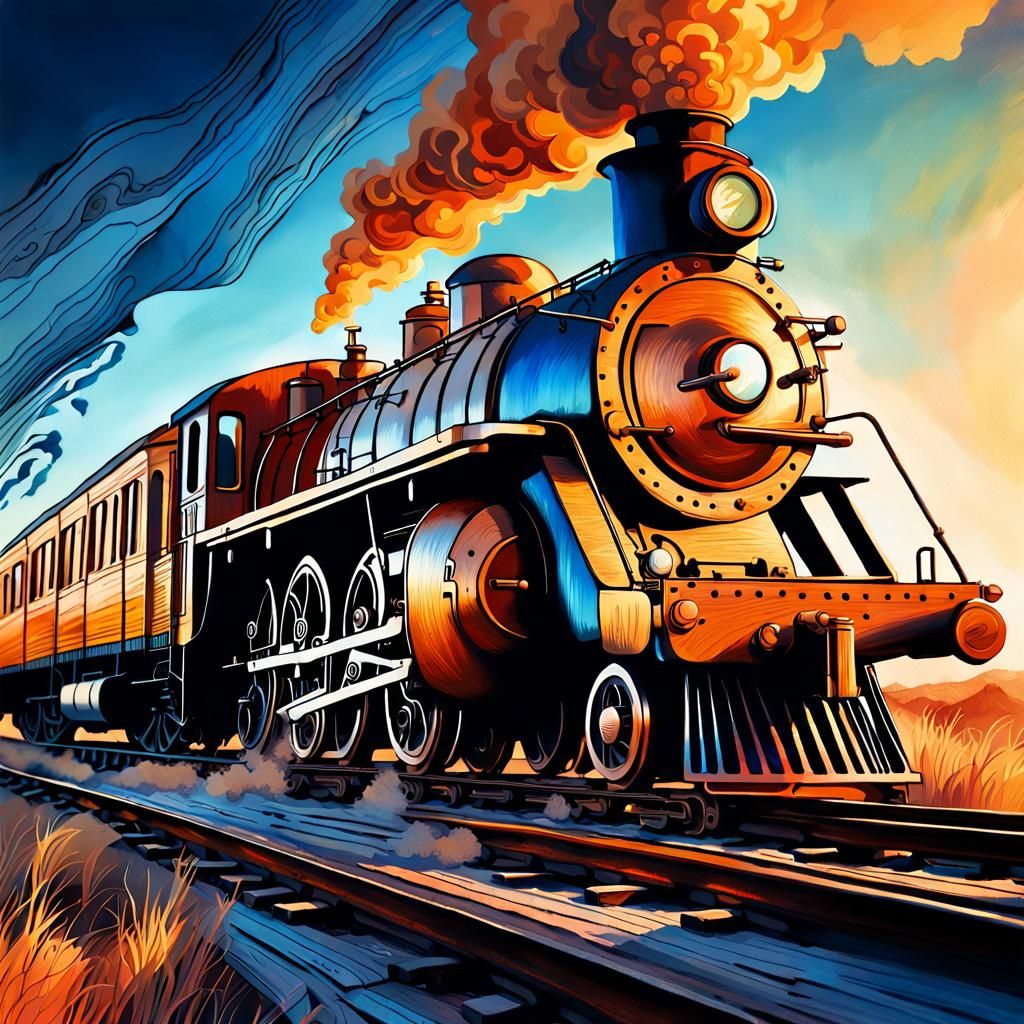 Wooden Train Travels Earth in Dreamlike Illustration