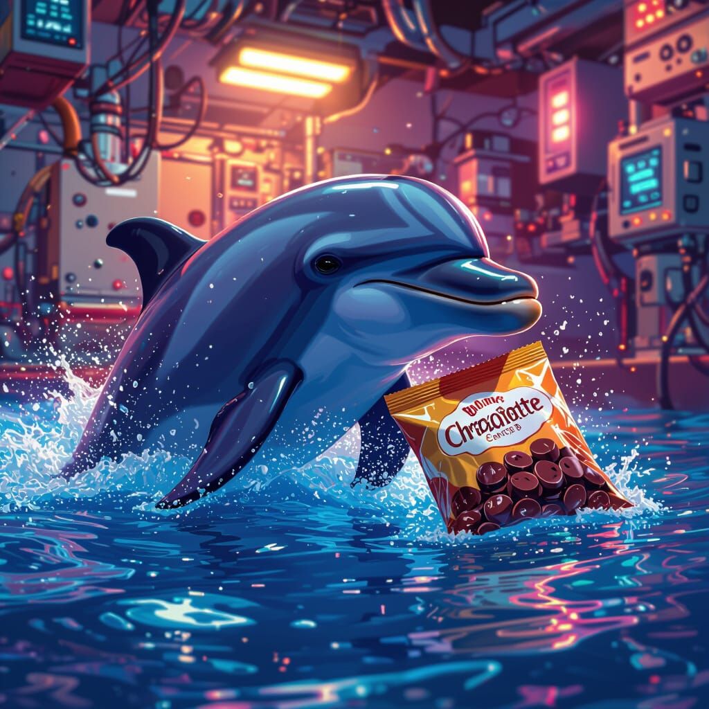 Dolphin Eating Chocolate Chips in Hyperrealistic Style
