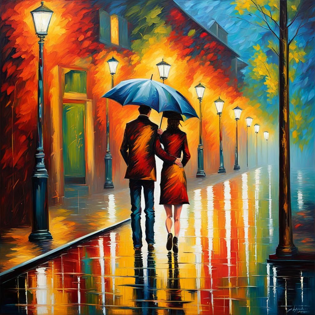 Rainy Street Couple in Expressionist Splatter Art
