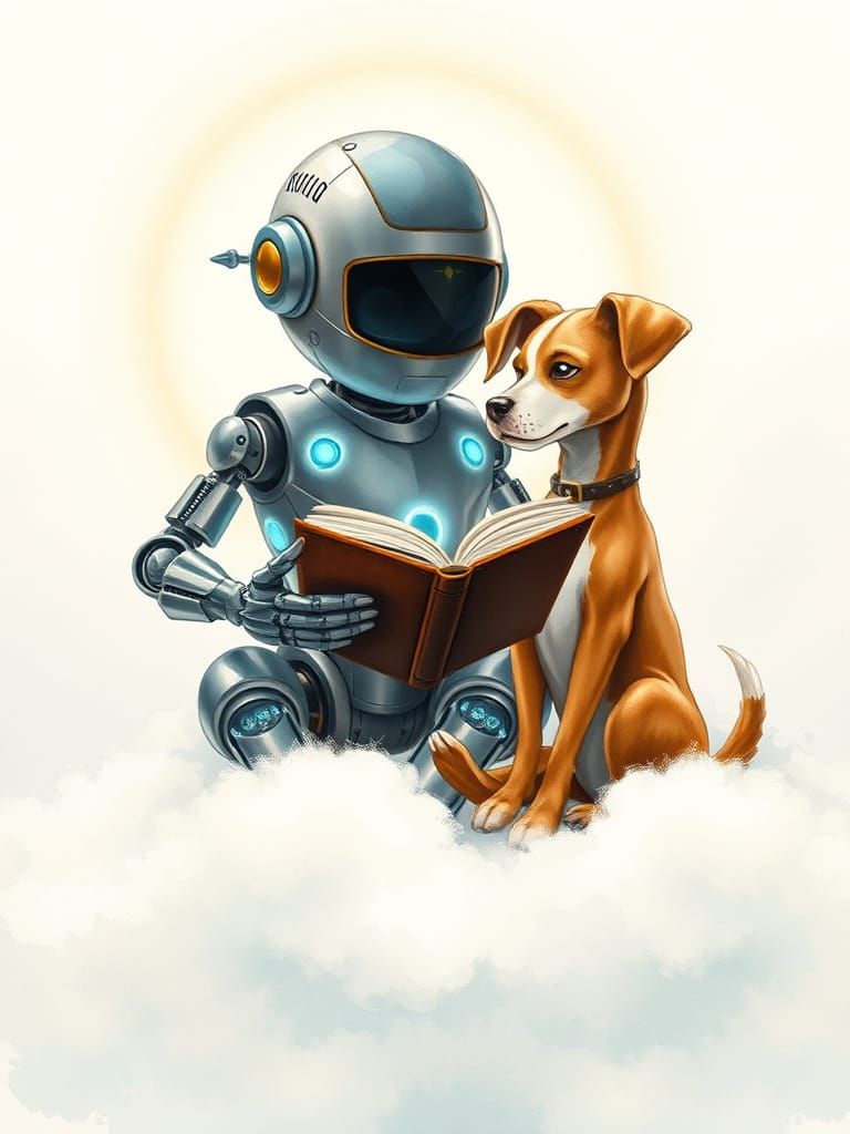 Whimsical Robot Reads to Curious Canine on a Cloudy Dreamwor...