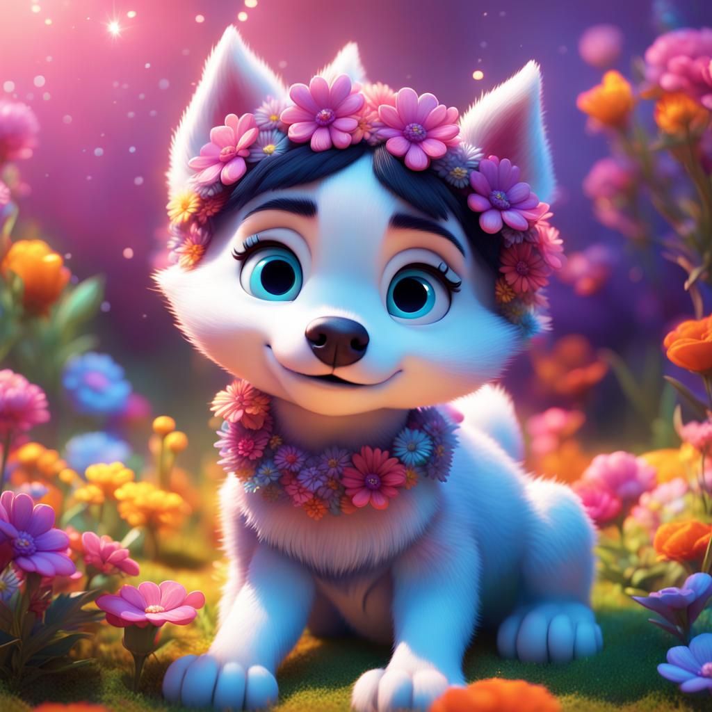 Sparkling Husky Puppy in Floral Scene