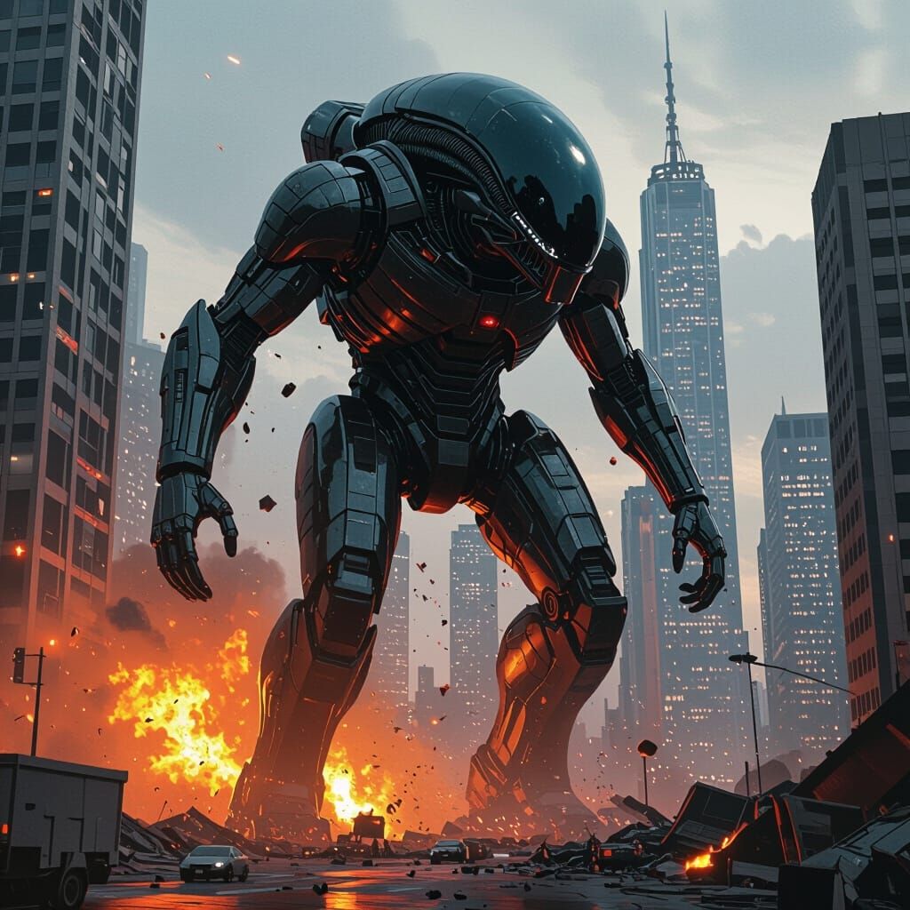 Giant Alien Demolishes Metropolis in Dystopian Future