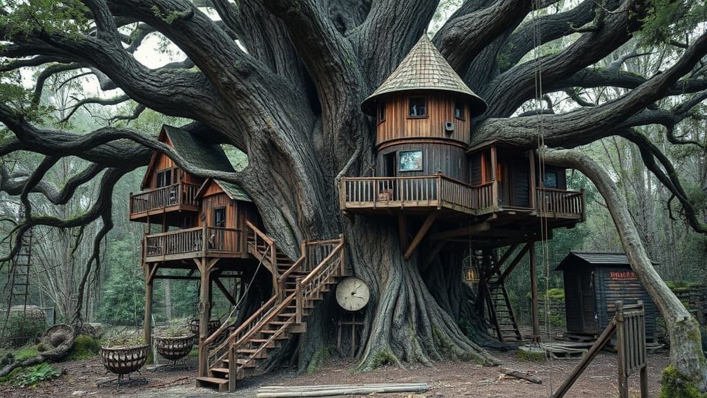 Post-Apocalyptic Treehouse Village in a Dystopian Survival C...