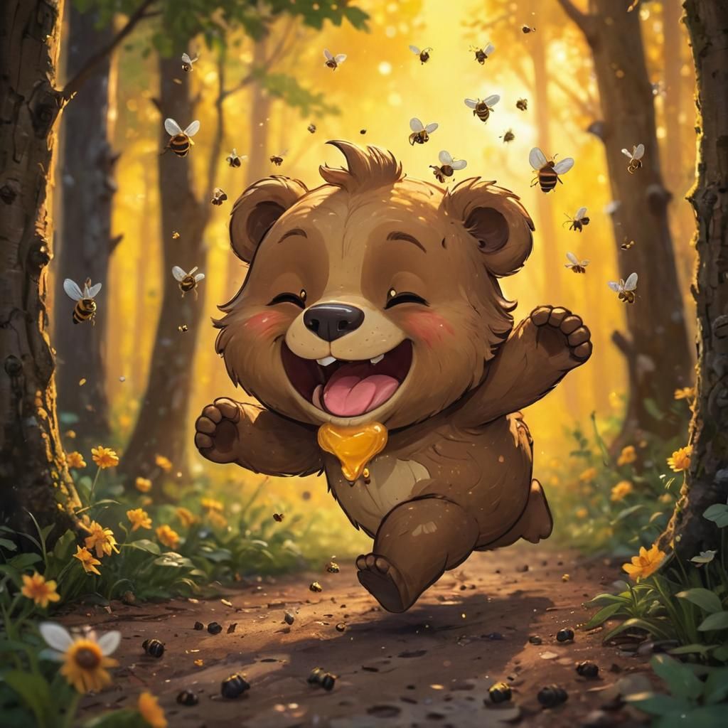Whimsical Chibi Bear Escaping Bees in Forest