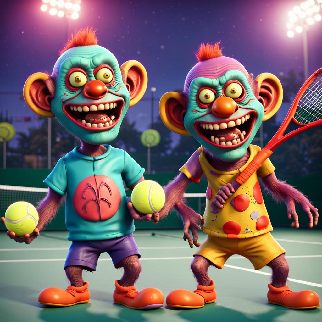 Zombie Monkey Clowns Play Tennis: 3D Digital Art