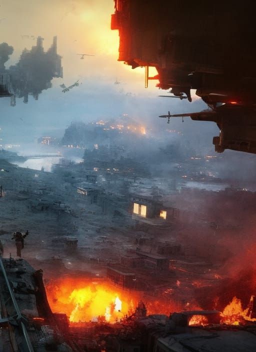 Dystopian Modern Warfare at Dawn in Film Noir Style