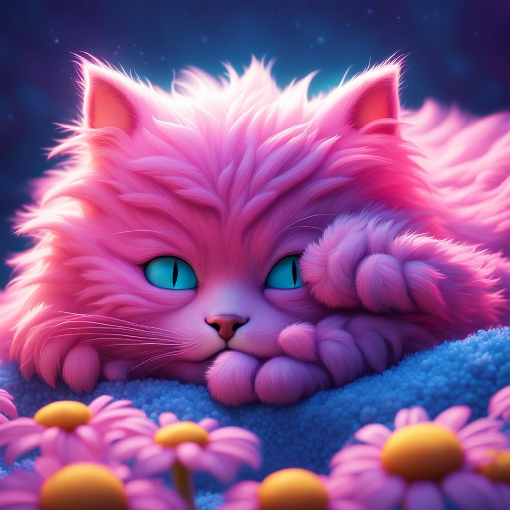 Fluffy Kitten Sleeping Under Blue Daisy: 3D Digital Art