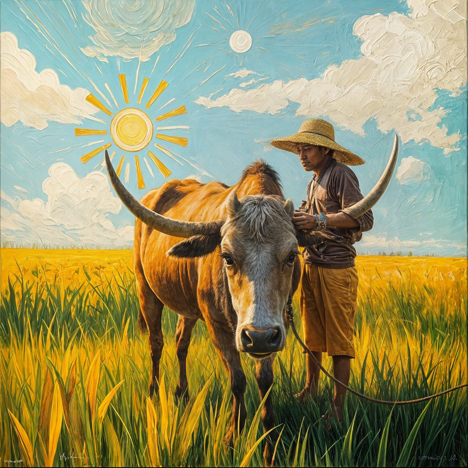 Filipino Farmer with Carabao in Post-Impressionist Style