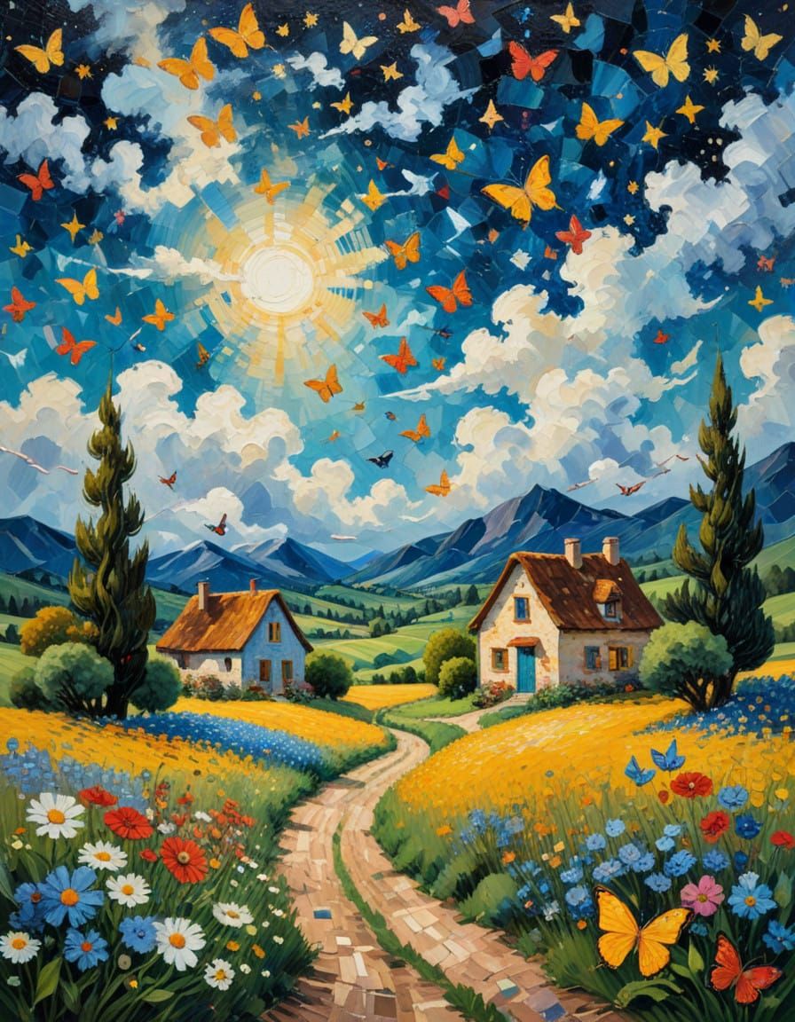 Whimsical Summer Scene in Vibrant Oil Painting Style