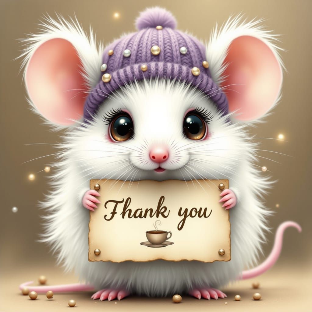 very fluffy white mouse with a purple knitted beanie with ge...