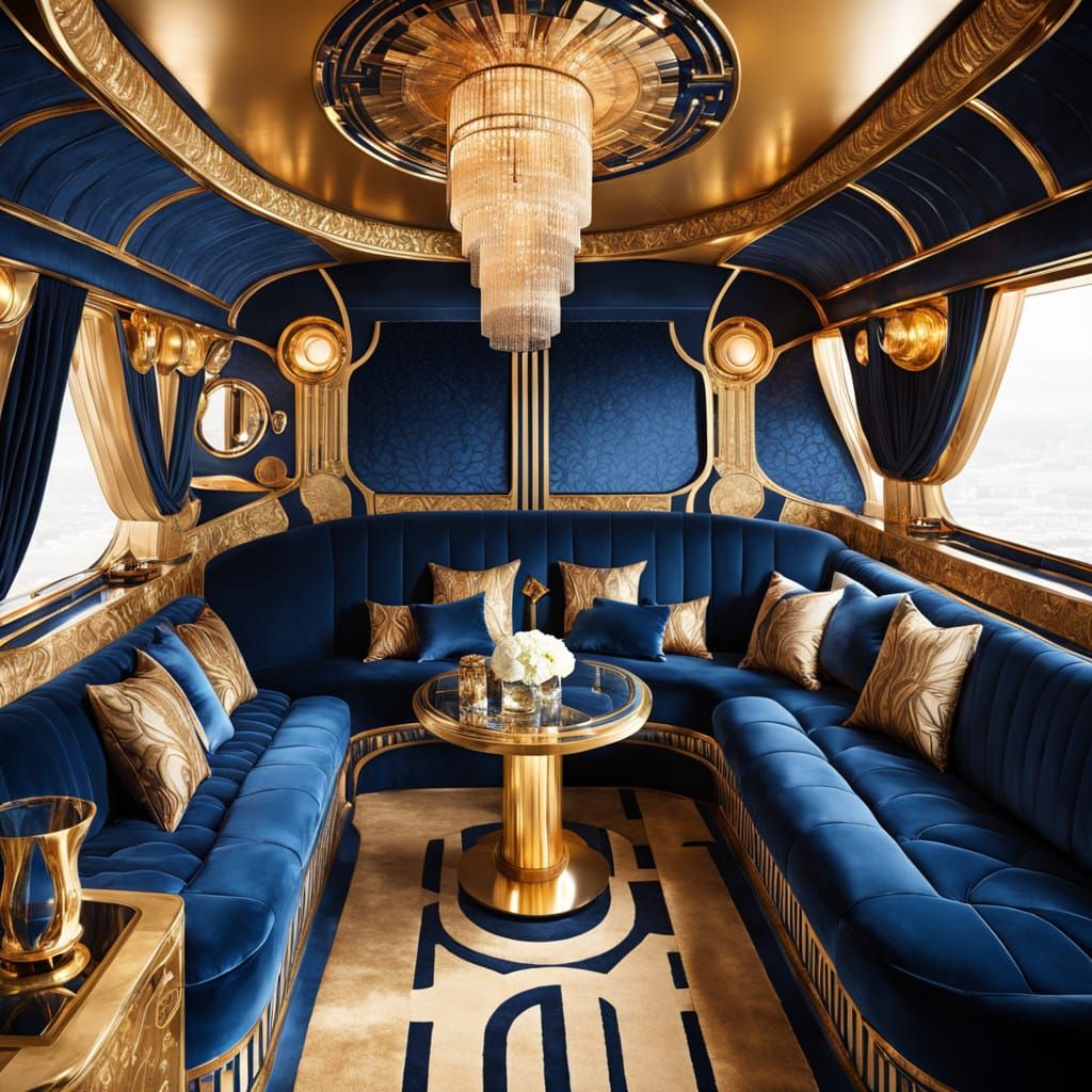 Luxurious Art Deco Limousine Interior in Gold and Blue