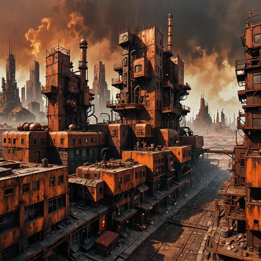 Rustpunk Cyberpunk Cityscape in Oxidized Metal Style