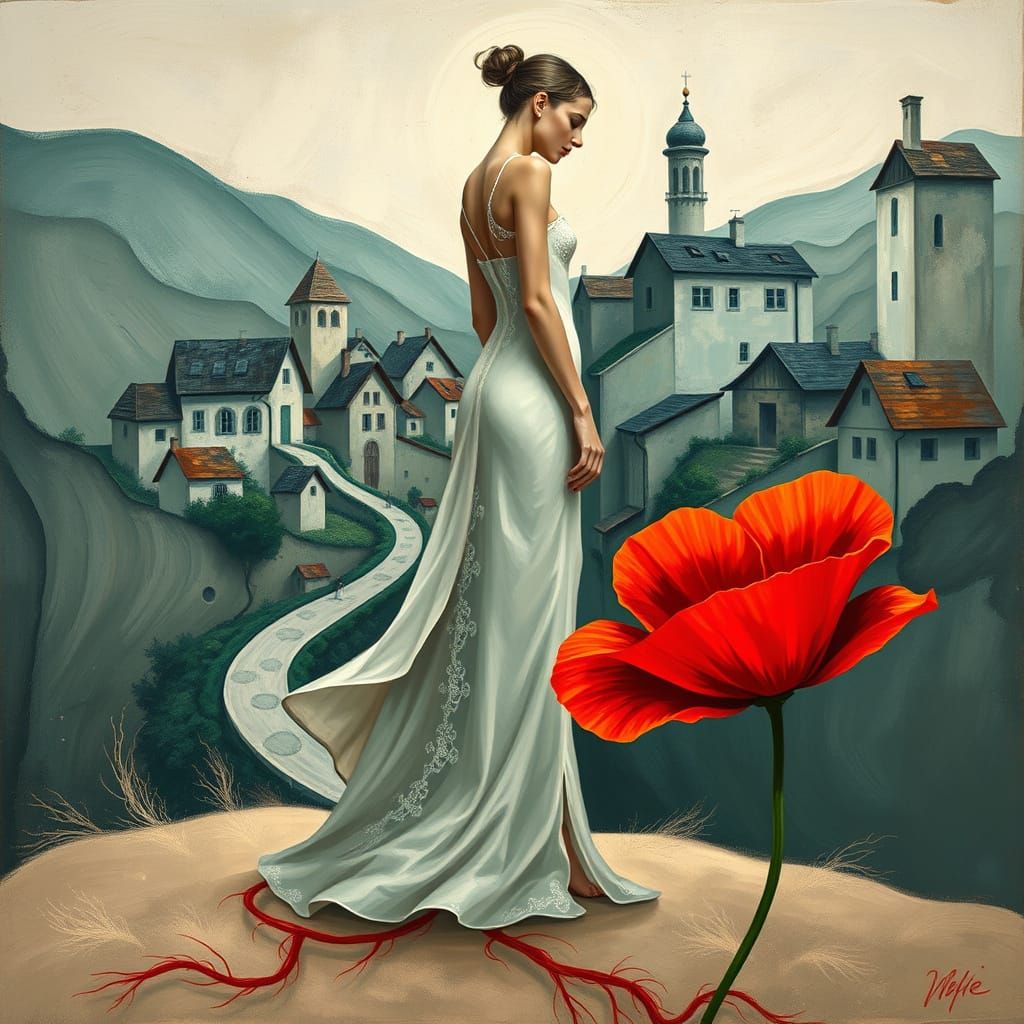 Ethereal Woman in a Surreal Village Landscape