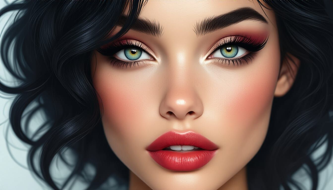 Stylized Portrait of Woman with Bold Makeup and Black Hair