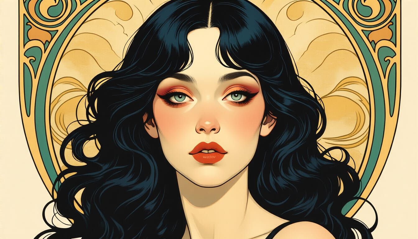 Art Nouveau Portrait of Woman with Black Hair and Makeup
