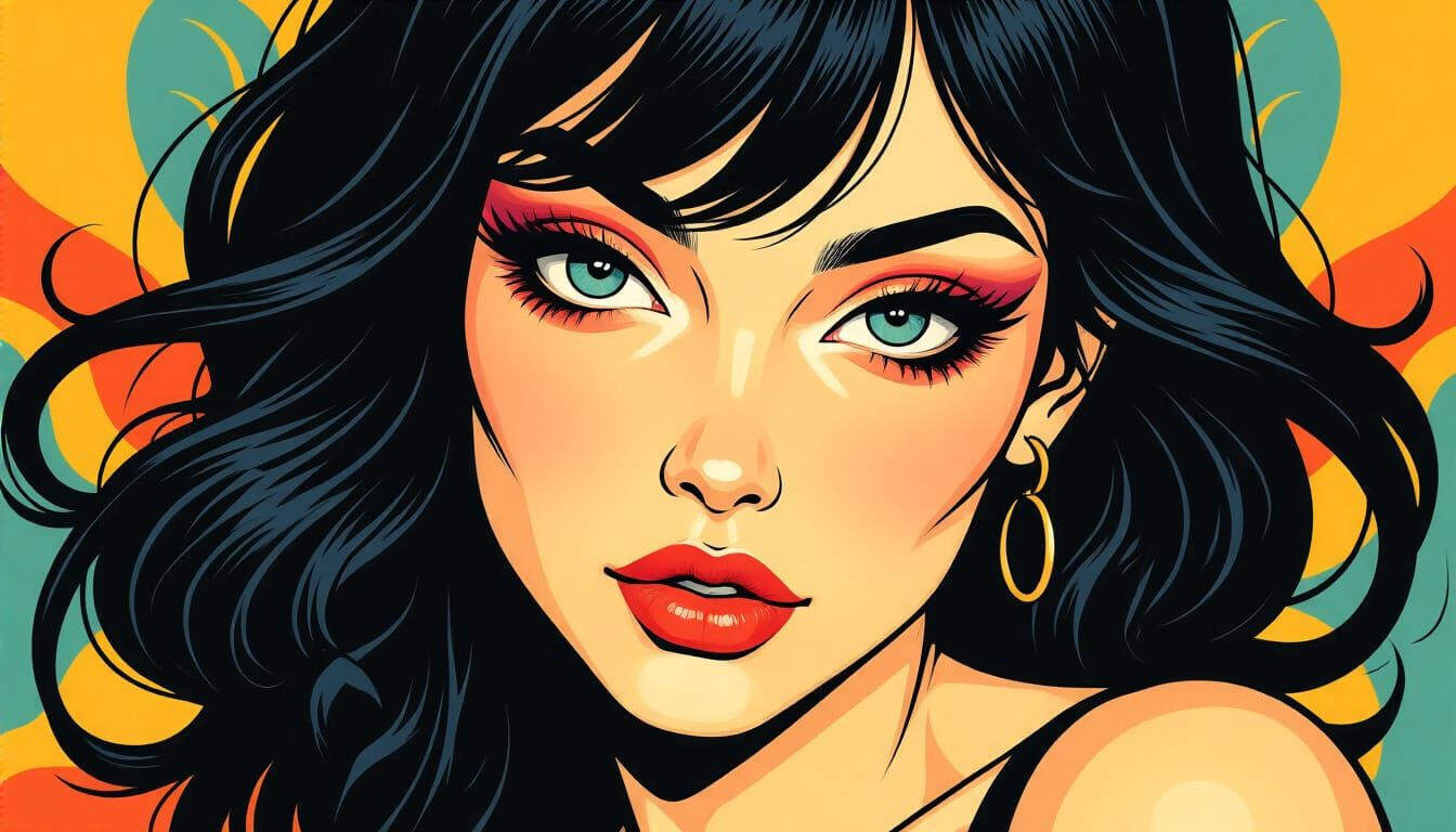 Stylized Portrait of Woman with Black Hair and Bold Makeup