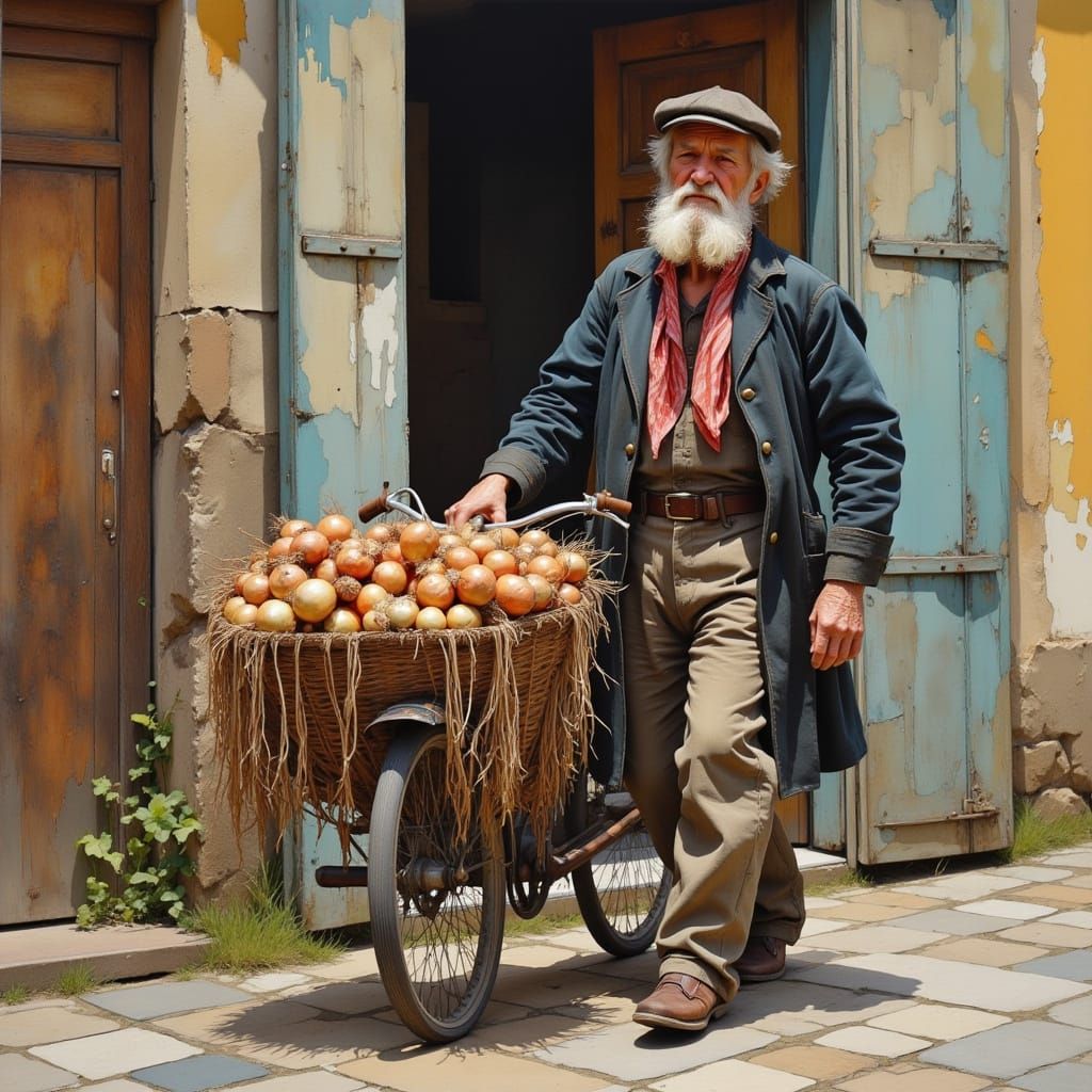 Weathered French Onion Seller in a Sun-Drenched Landscape