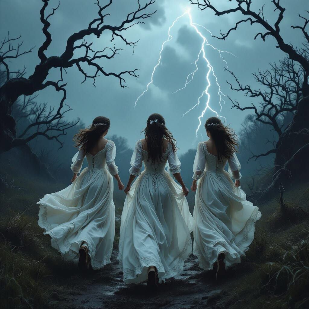 Girls in Gowns Run Towards Ominous Forest