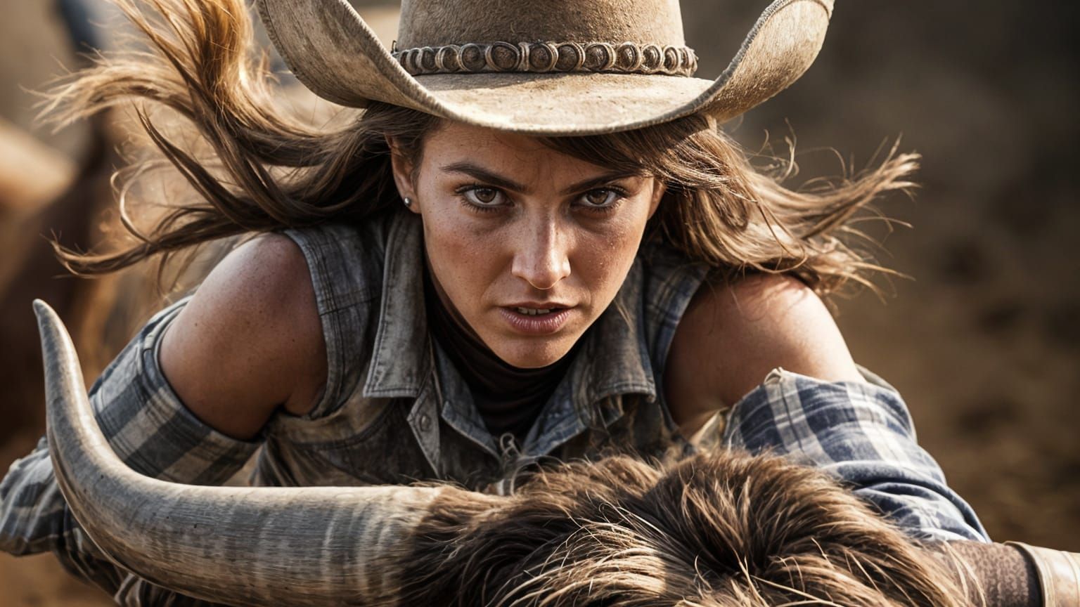Cowgirl's Intense Ride on Bucking Bull in Photorealistic Sty...