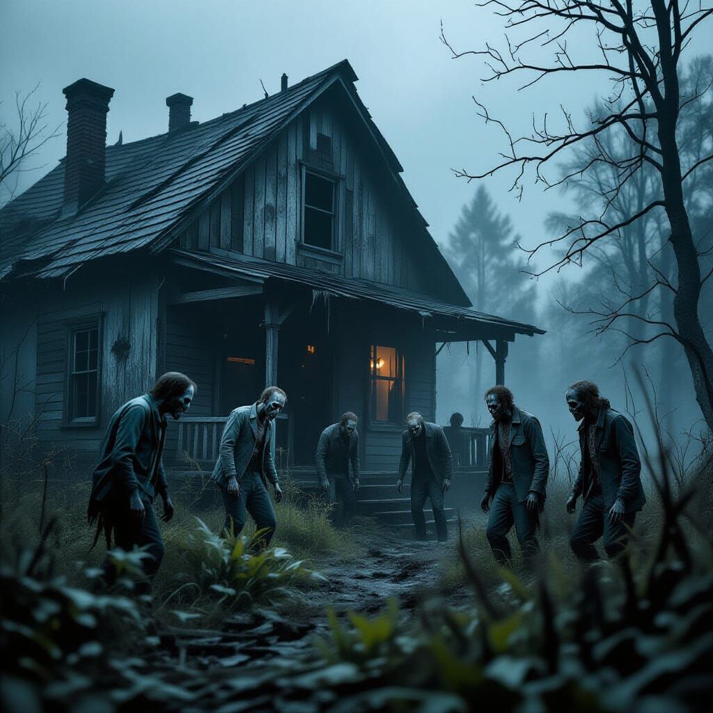 Small Zombie Group in Weathered Cabin: Apocalyptic