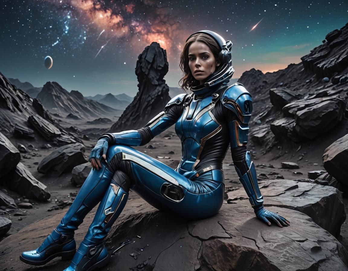 Girl in Torn Spacesuit on Alien Planet