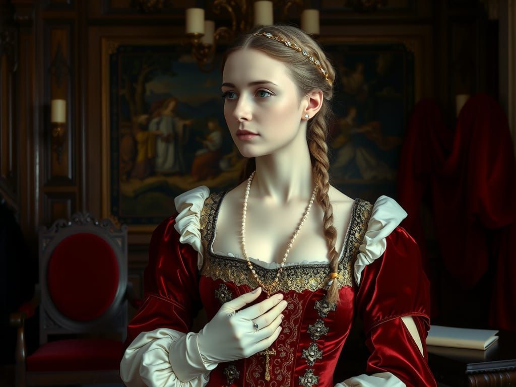 Renaissance Noblewoman in Crimson Velvet Gown