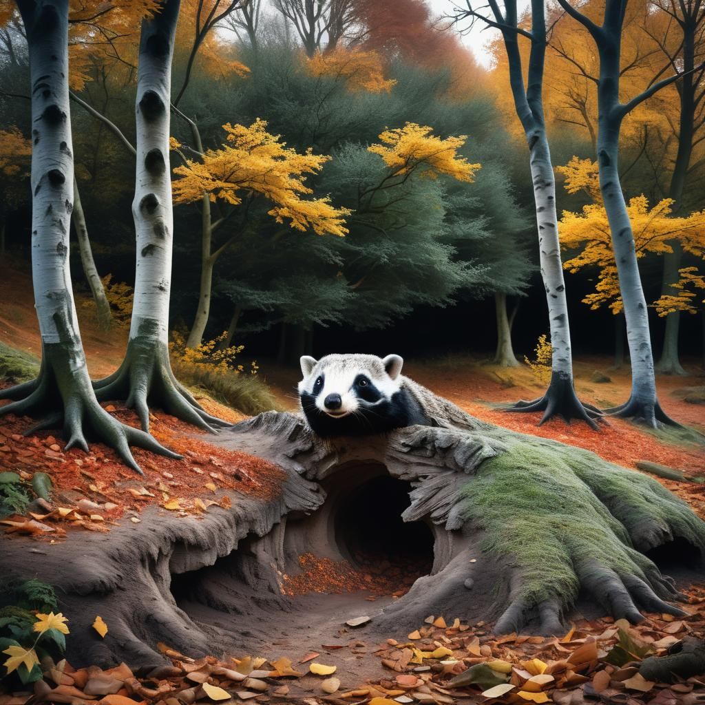 Badger Emerges from Burrow Amid Autumn Trees