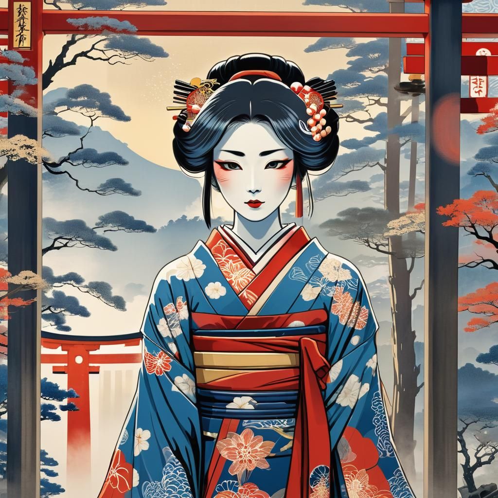 Shinto Priestess in Kimono at Torii Gate: Ukiyo-e