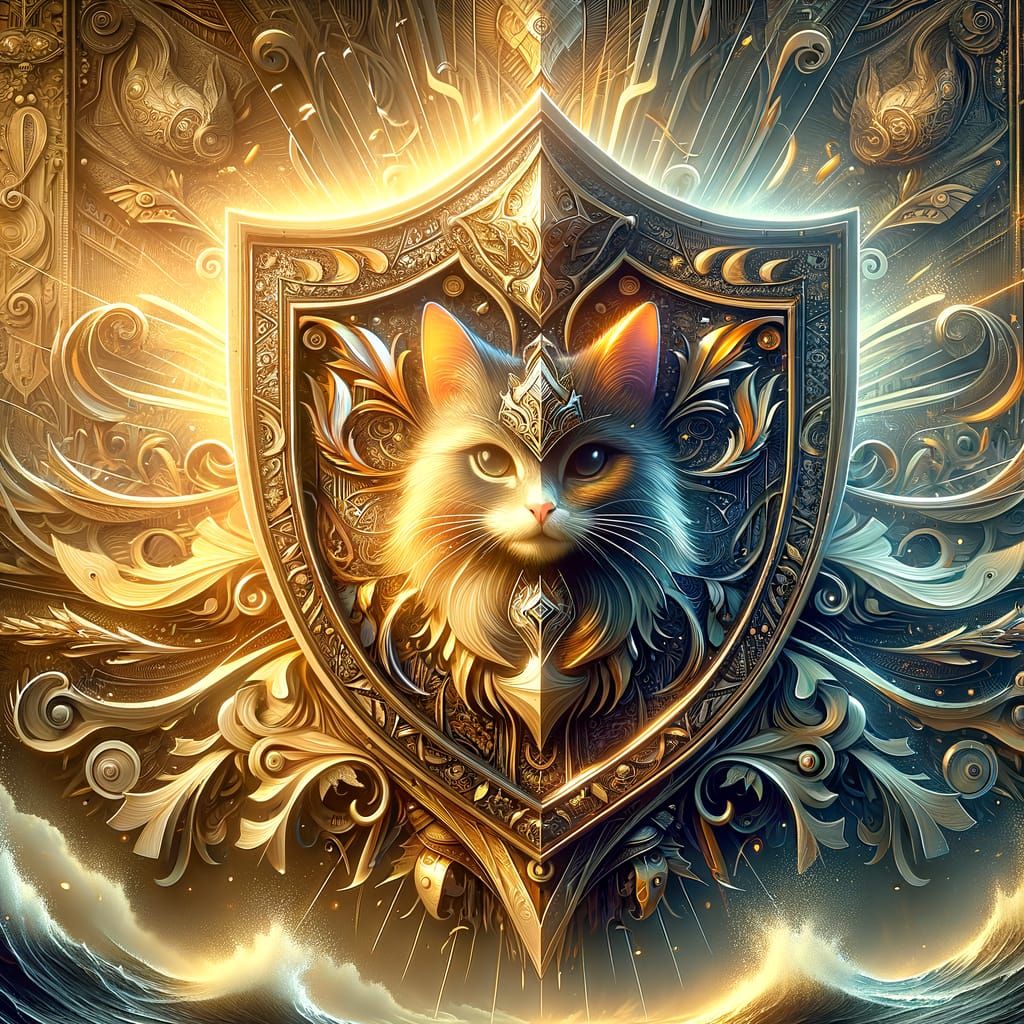 Epic Shield with Detailed Cat Emblem in Maximalist Style