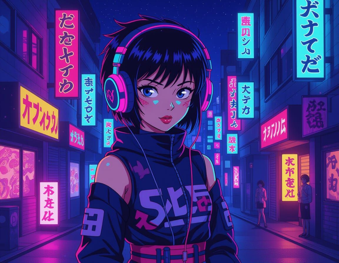 Teen Ninja Girl in 1980s Anime Style with Neon Headphones