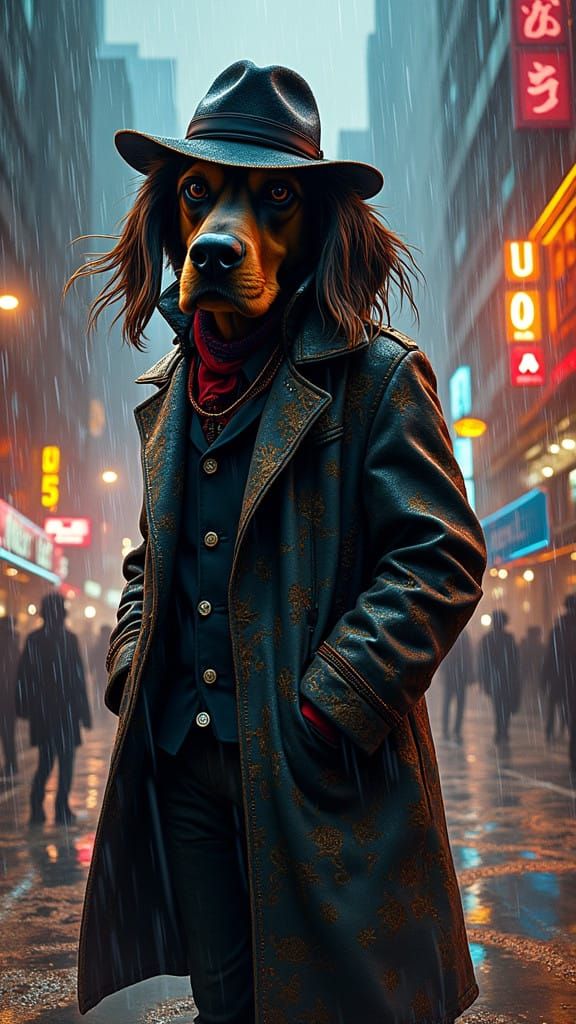 Neo-Expressionist Noir Dystopian Cityscape with Hound Dog Pr...