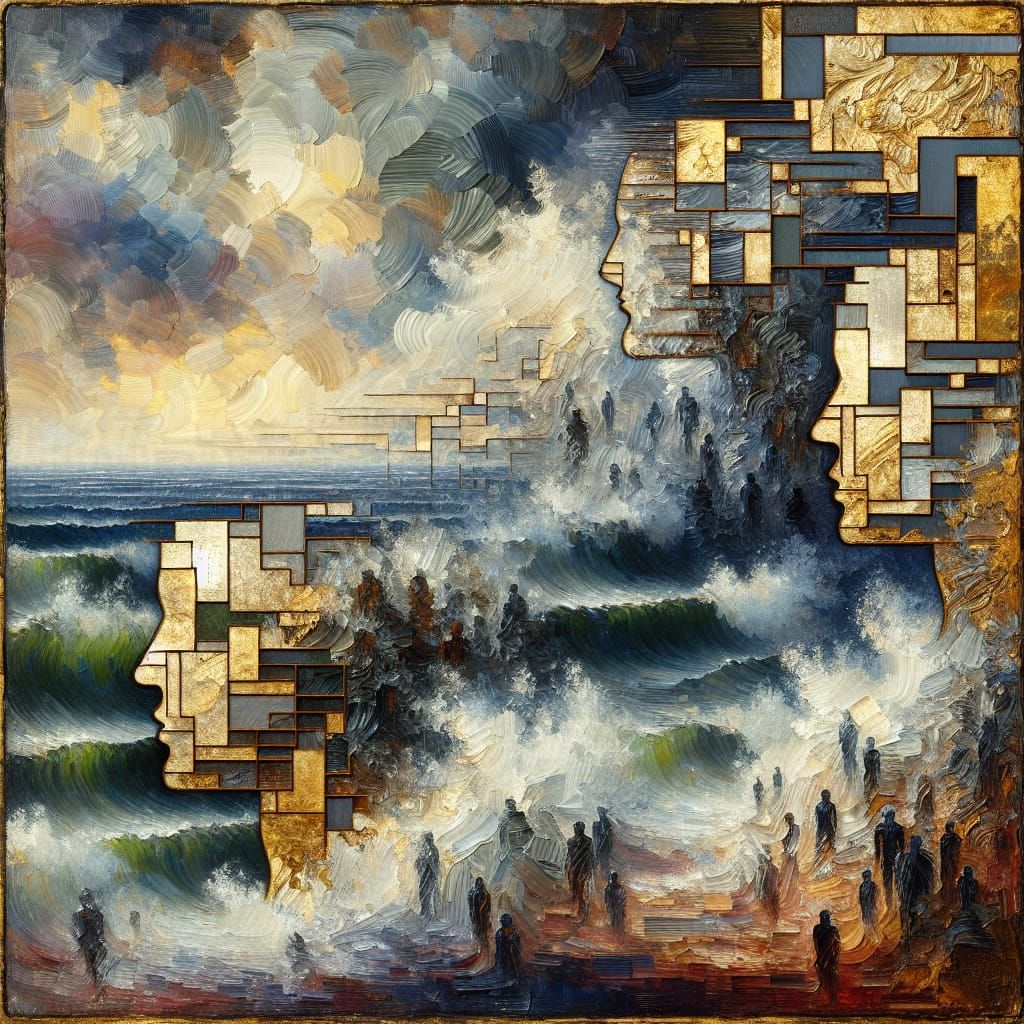 Figures Blended into Stormy Seascape with Gold Leaf