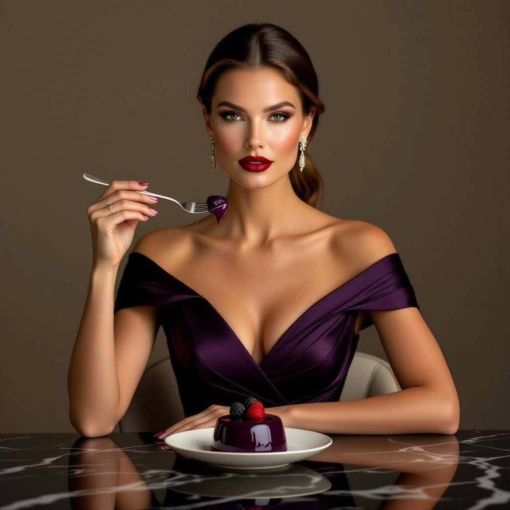 Elegant Woman with Violet Dessert, Fashion Photography
