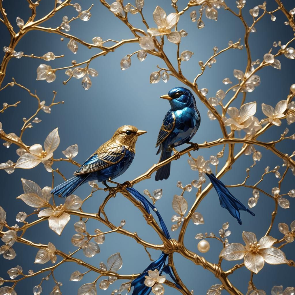 Ornate Crystal Songbird on Gold Branch