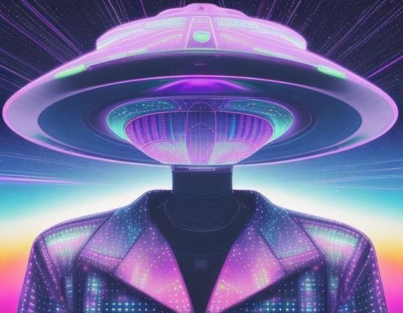 Holographic UFO in Vaporwave Aesthetic Sky