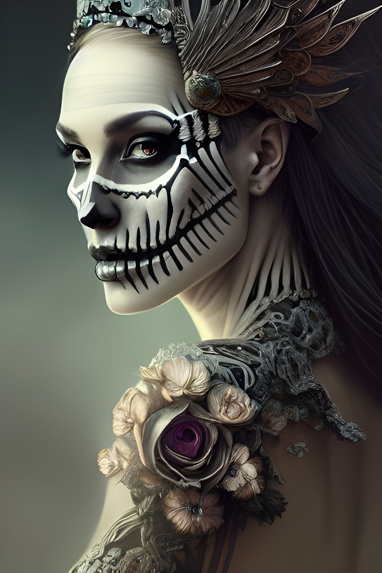 Gorgeous Skeleton Queen with Roses: Digital Illustration