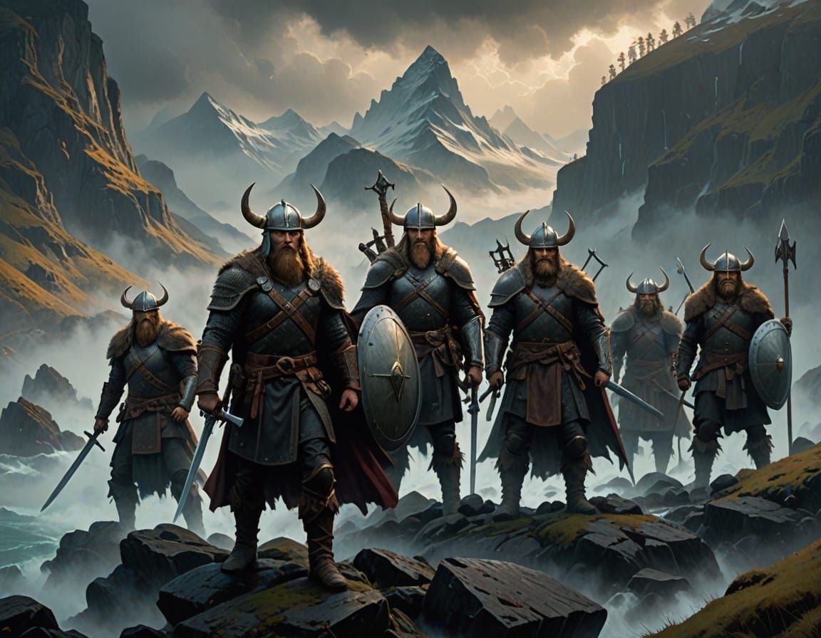 Viking Warriors in Mysterious Fjord Landscape