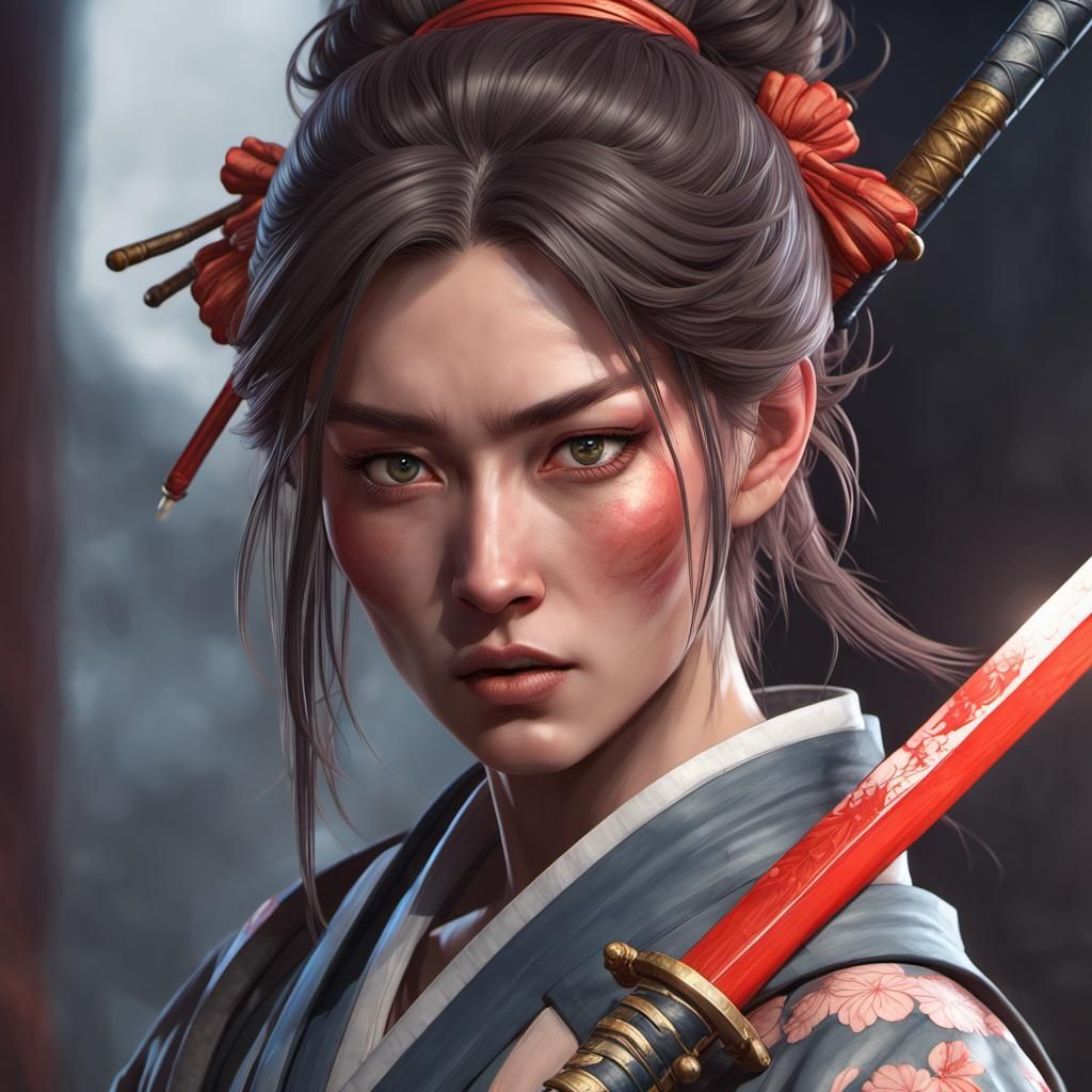 Detailed Portrait of a Female Warrior with Katanas