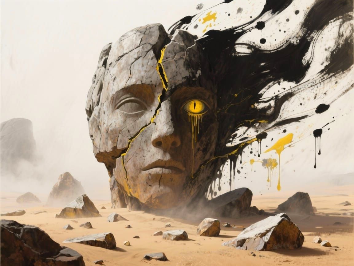 Stone Face with Single Eye in Ink Painting Style