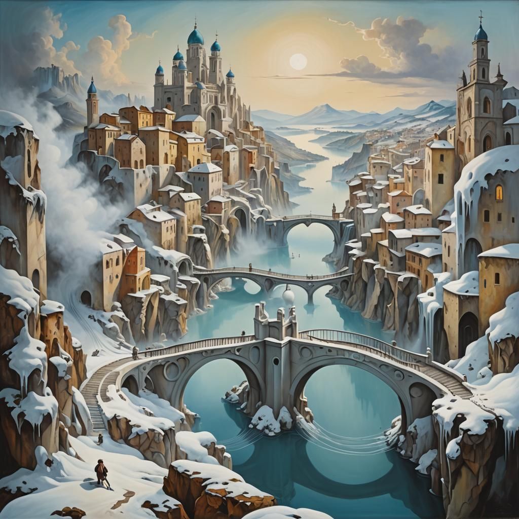 Snowy Italian City with Bridges: Surreal Oil Painting