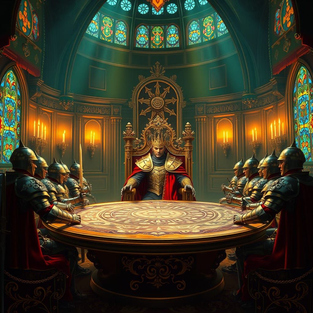 Regal King Surrounded by Knights in a Majestic Throne Room